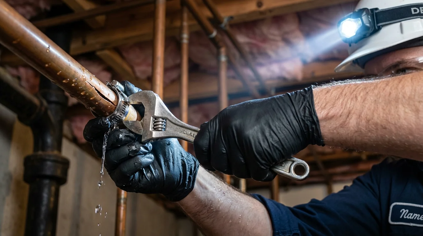 Emergency pipe clamp repair being performed by a Johns Plumbing LLC plumber in Kremmling