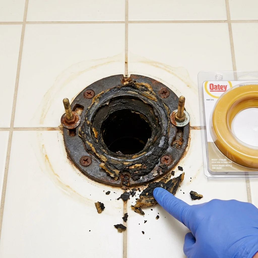 Failed wax ring showing water seepage at the base of a toilet in a Kremmling, CO home