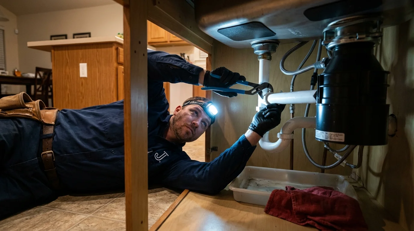 P-trap and supply line connections under a kitchen sink showing a common leak point in Kremmling, CO